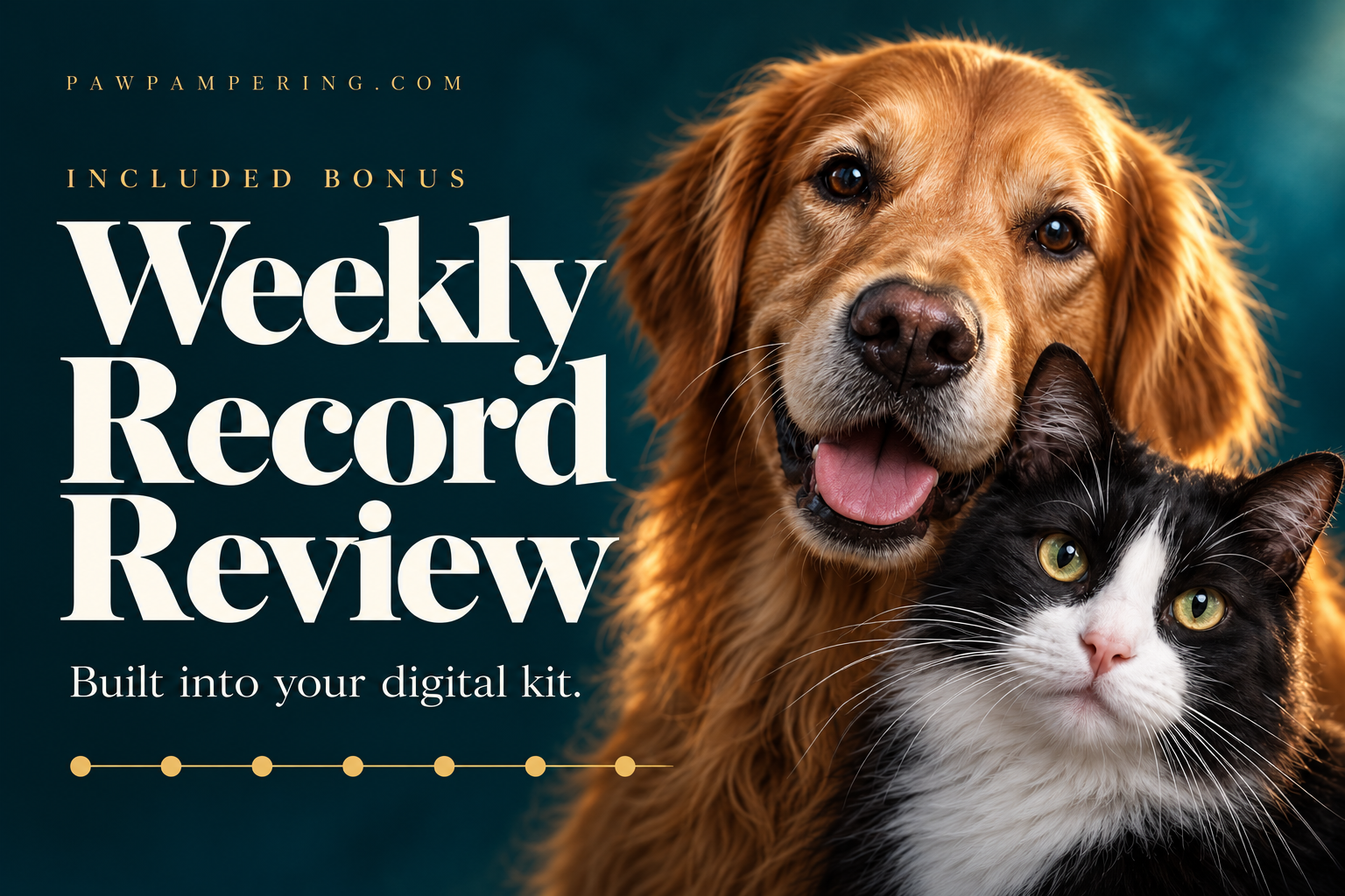 Weekly Record Review included bonus, illustrated with a golden retriever and tuxedo cat