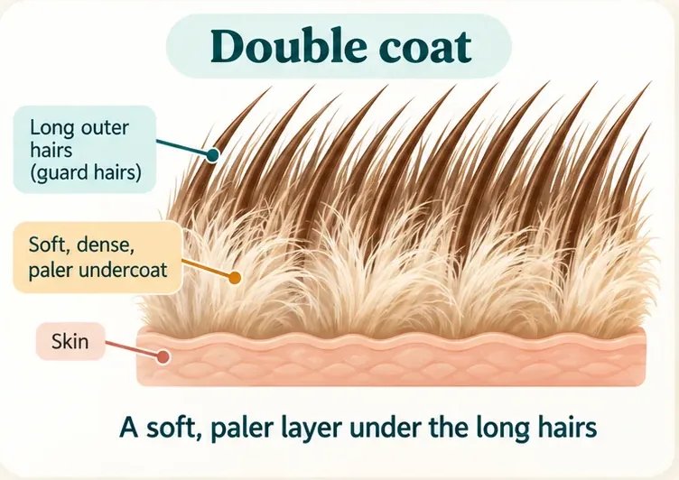 Double coat: long outer guard hairs with a soft, dense, paler undercoat above the skin