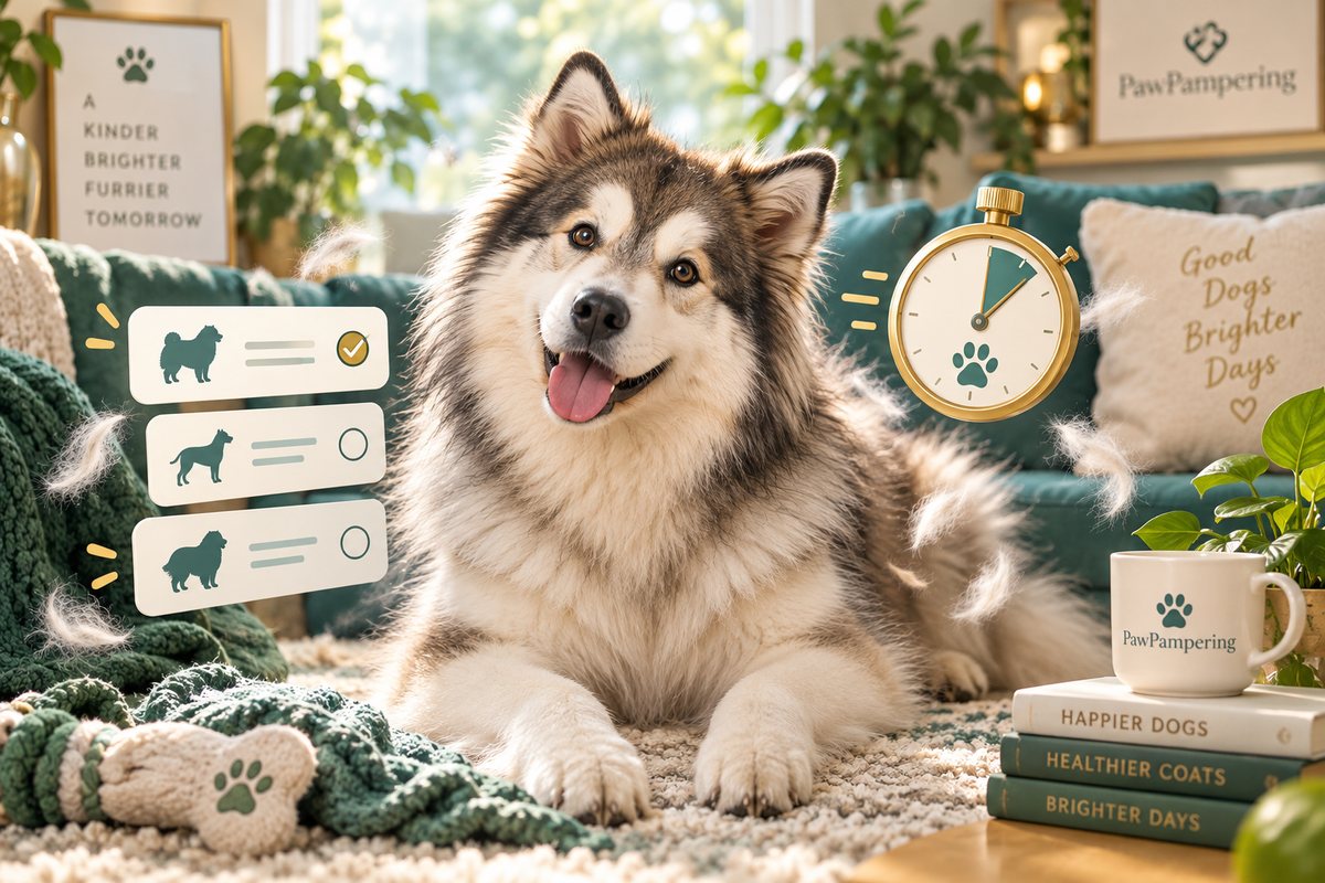 A fluffy double-coated dog lying on a rug with loose fur around it