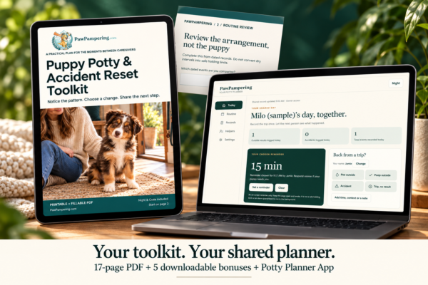 Illustrative bundle of the Puppy Potty Toolkit and included Potty Planner App, showing a sample household.