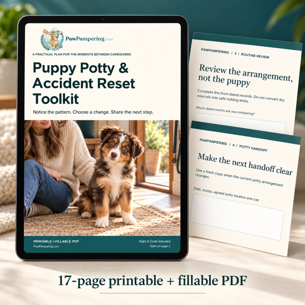 Illustrative digital mockup of the Puppy Potty and Accident Reset Toolkit with selected page details. One printable and fillable PDF.