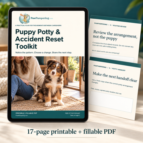 Illustrative digital preview of the Puppy Potty and Accident Reset Toolkit with selected routine-review and handoff details