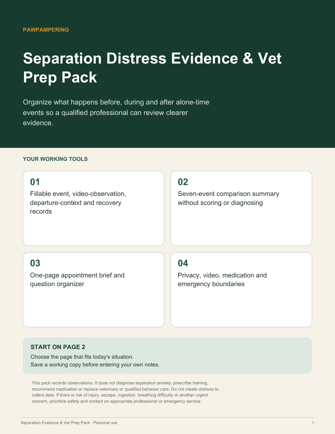 Separation Distress Evidence & Vet Prep Pack cover: event records, video index, seven-event comparison and appointment brief.