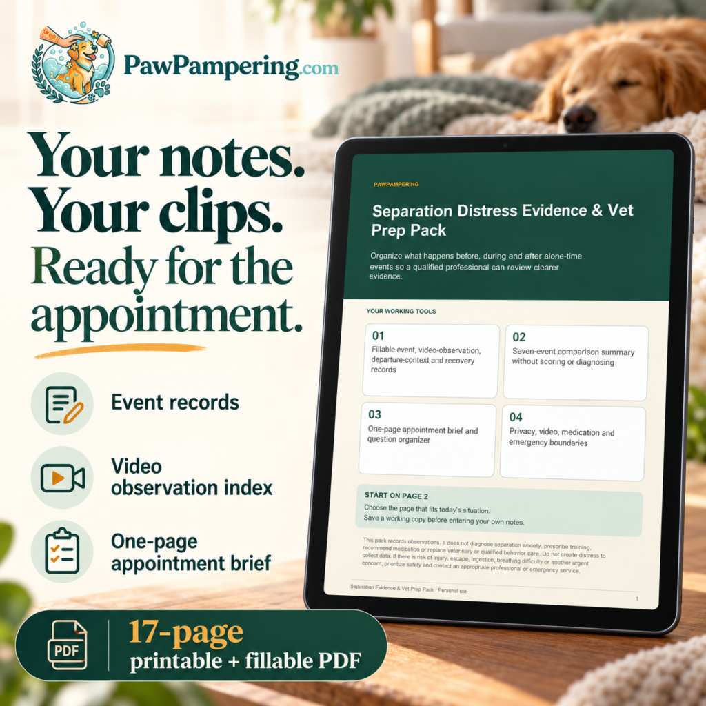 Illustrative digital mockup of the Separation Distress Evidence and Vet Prep Pack. One printable and fillable PDF.