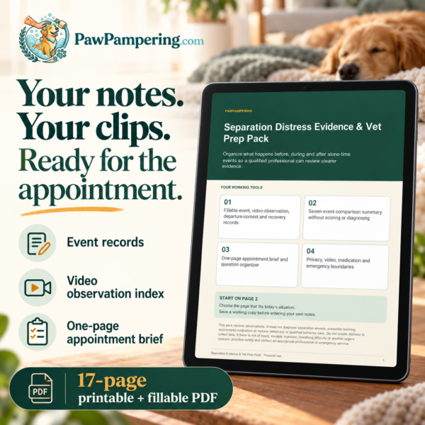 Illustrative digital preview of the Separation Distress Evidence and Vet Prep Pack, with event records, video index and appointment brief