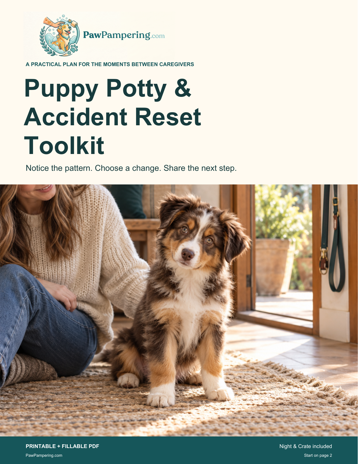 PawPampering Puppy Potty & Accident Reset Toolkit: photographic cover of the printable and fillable PDF.